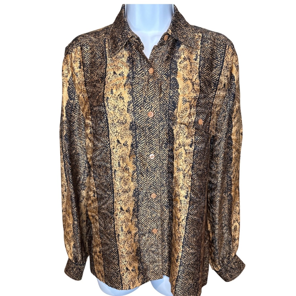 Vintage Gallant 100% Silk Gold Black Animal Print Button Down Blouse Sz 4 Retro
